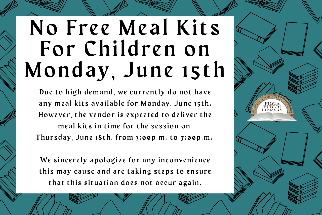 Due to high demand, we currently do not have any meal kits available for Monday, June 15th. However, the vendor is expected to deliver the meal kits in time for the session on  Thursday, June 18th, from 3:00p.m. to 7:00p.m.   We sincerely apologize for any inconvenience this may cause and are taking steps to ensure that this situation does not occur again.