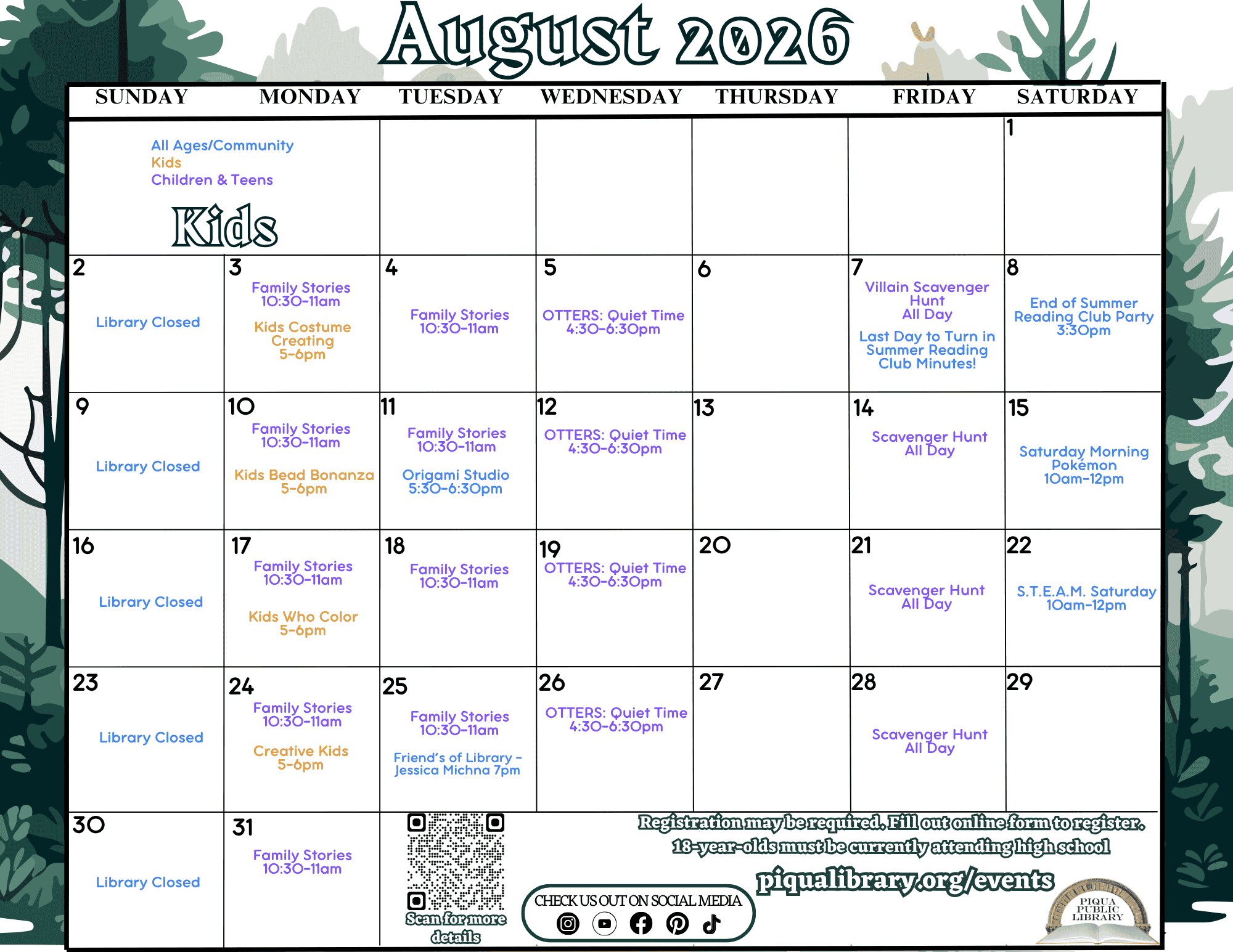August 2026 Kids Programming Calendar