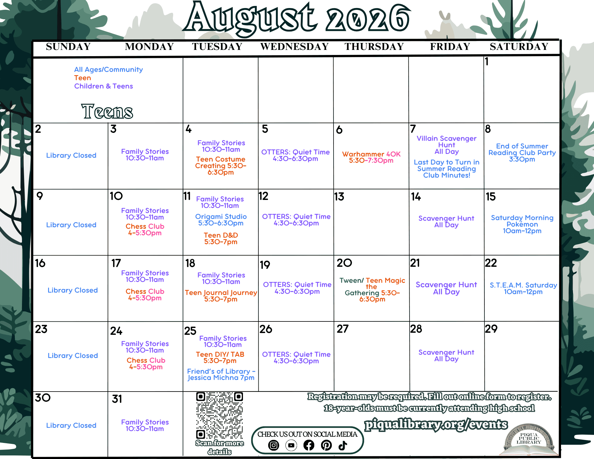 August 2026 Teen Programming Calendar