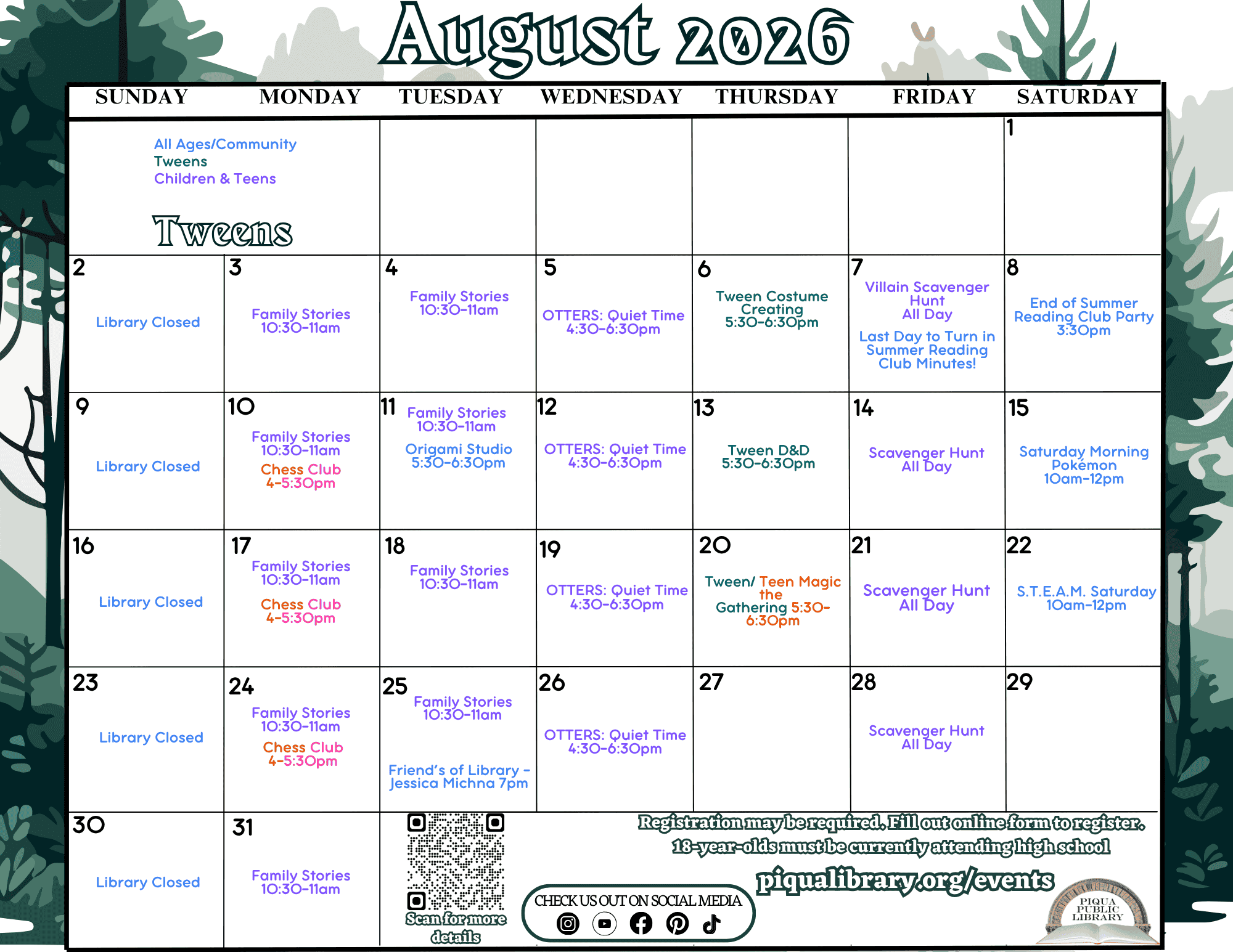 August 2026 Tween Programming Calendar