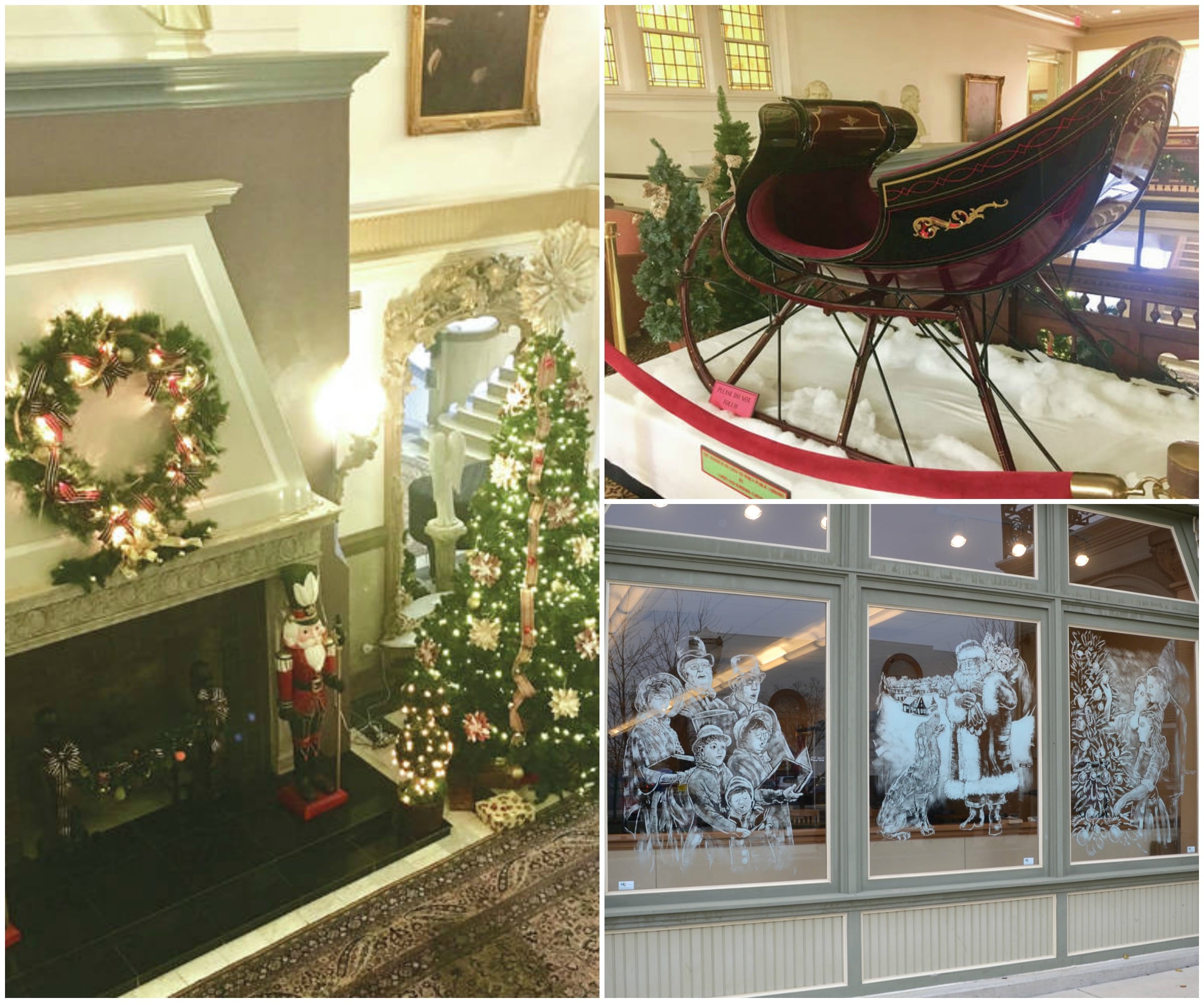 Lobby Christmas 2017, RP Spiker carriage sleigh, Michael Glass windows