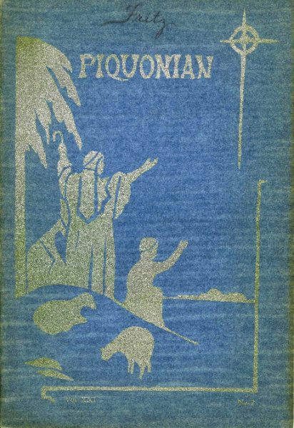 A scan of the cover of a publication called the Piquonian. It is a faded blue-gray color with a gold illustration of shepherds looking at a bright star in the sky. There are two sheep with them and a tree. At the top it reads PIQUONIAN and at the bottom Vol. XXI.