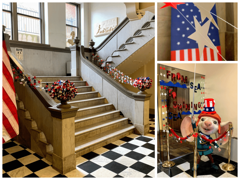 Collage of three photographs of a display in the Piqua Public Library Children's Department featuring American flags and other patriotic memorabilia.