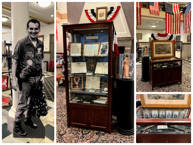 Collage of three photographs of a display in the Piqua Public Library lobby about William H. Pitsenbarger and the Civil War.