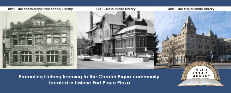Graphic showing a photo of each of the three Piqua Library buildings over the years.