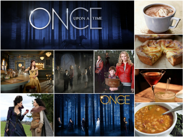 Collage of photographs of scenes and food from the television show, Once Upon a Time.