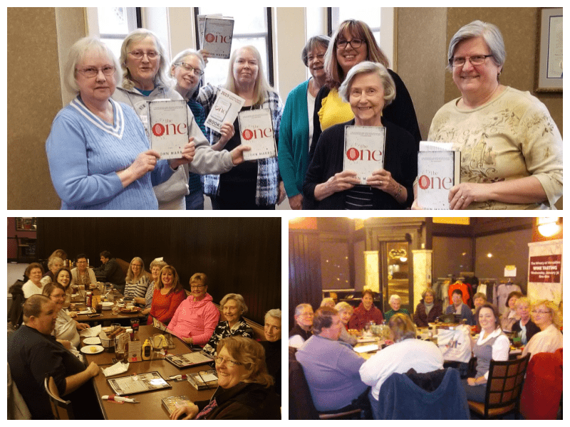 Photo collage of patrons and staff at the Piqua Public Library during book club programs.
