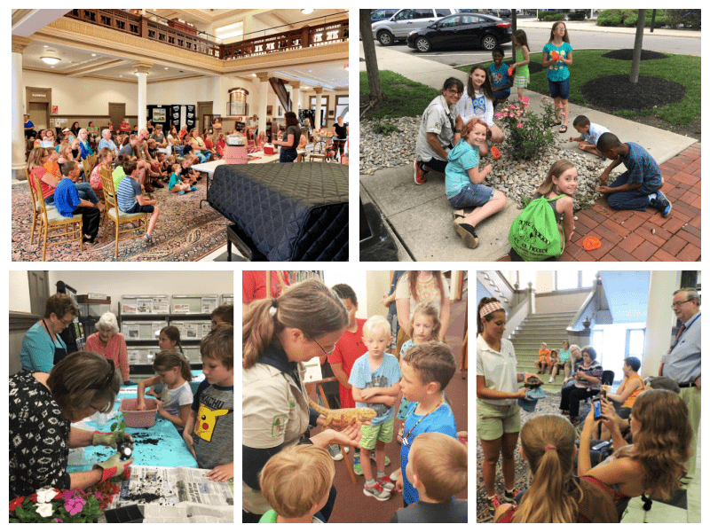 Photo collage of patrons and staff at the Piqua Public Library during children's nature programs.