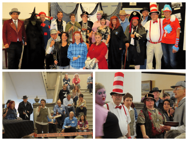 Photo collage of patrons and staff at the Piqua Public Library murder mystery program in 2019.