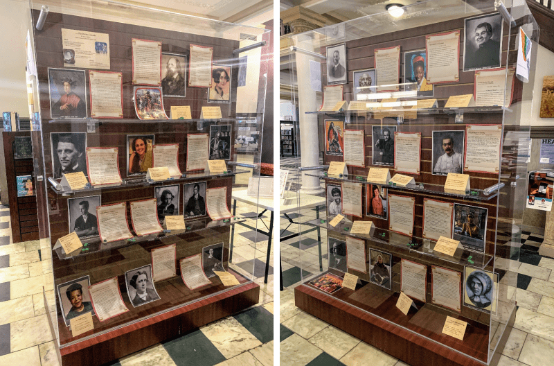 Photograph collage of both sides of a large display case in the Piqua Public Library lobby. The display is on poets and features their photograph and examples of their work. 