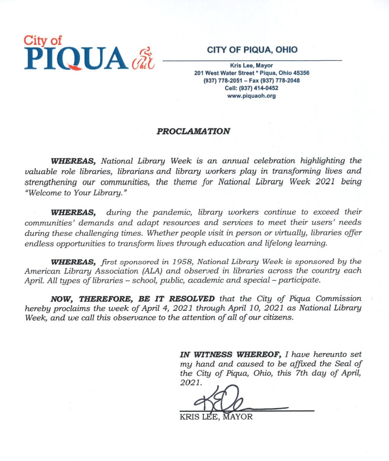 City of Piqua National Library Week Proclamation Image