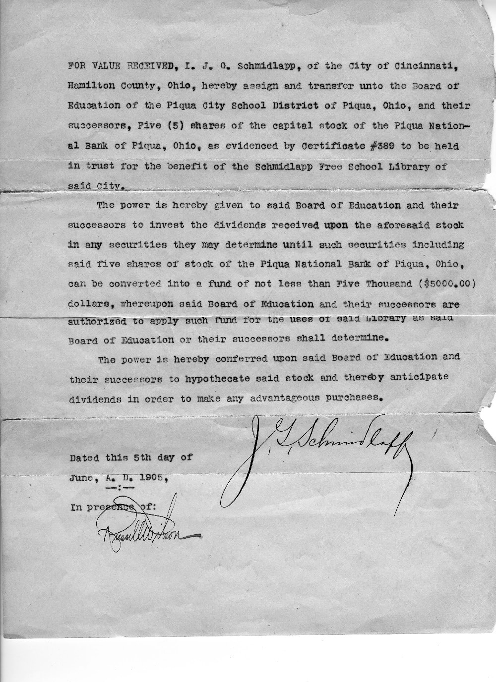 Schmidlapp Transfer of PNB Stock.