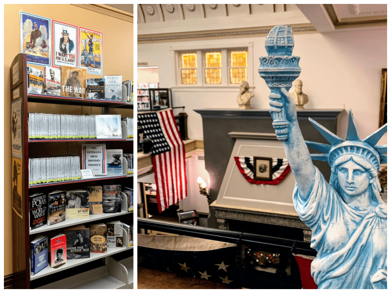 Collage of two photographs of a Veterans display and an American flag display in the Piqua Public Library